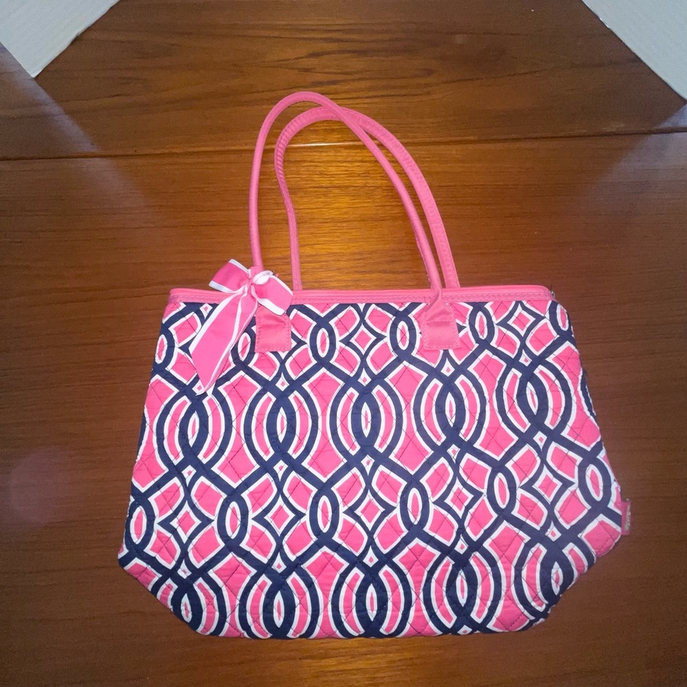 N GILS Pink & Navy Quilted Stylish Tote Bag w Removable Bow